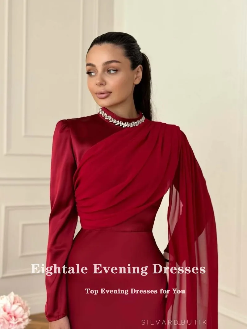

Eightale Arabic Evening Dress High Neck Customized Beaded Burgundy Muslim Prom Wedding Party Gowns