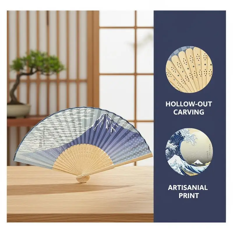 Japanese Style Bamboo Folding Fan Handheld Folding Fan With Waves Sashimi Prints Great Prop For Photos