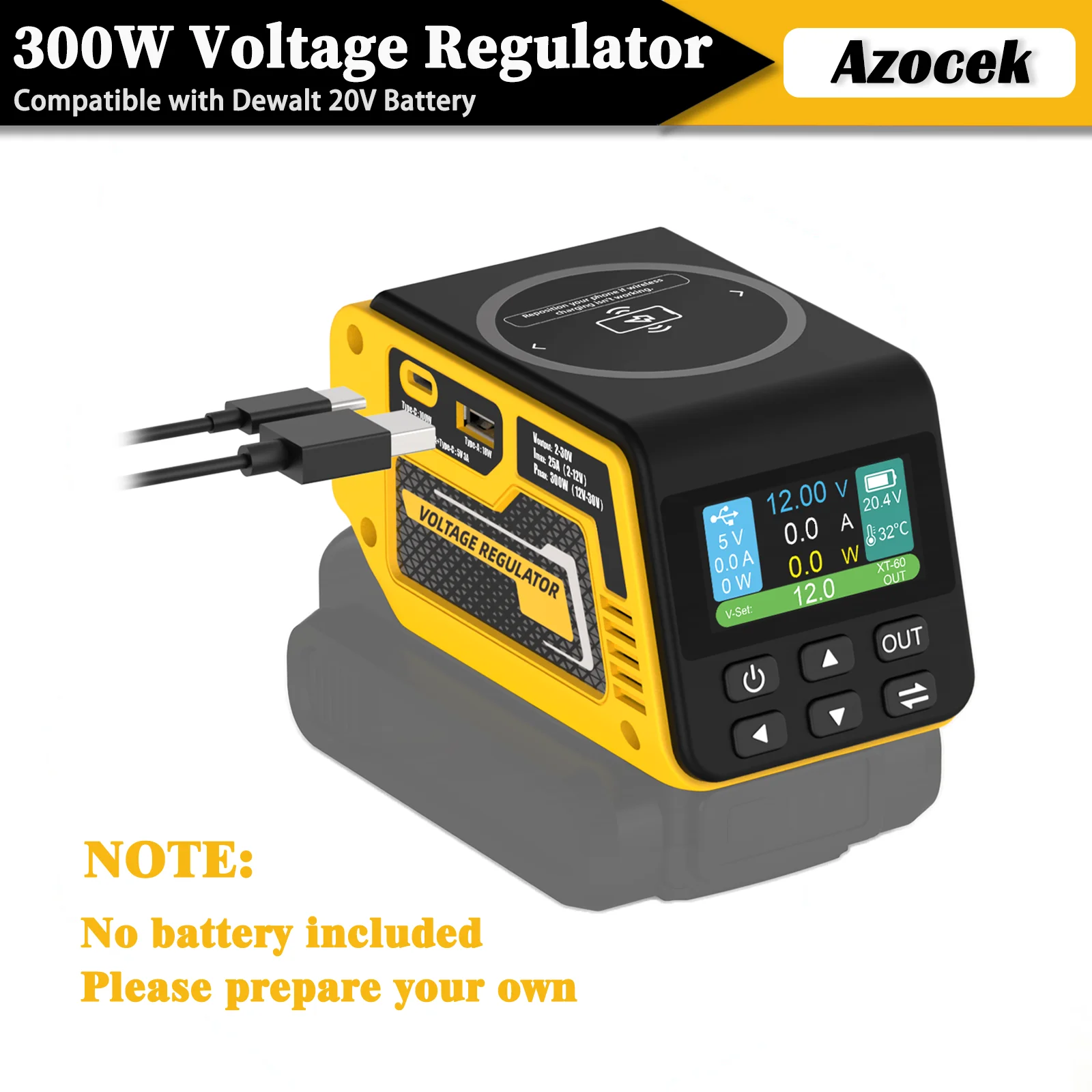 Azocek 300W Portable DC Voltage Regulator with Wireless Charging & Type-C Compatible with Dewalt 20V Battery Camping Accessory
