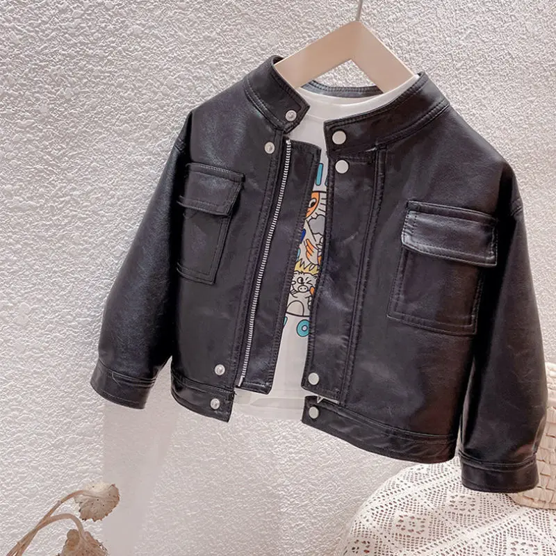 

Spring Autumn Children's Clothing Windbreaker Pink Leather Jacket TZ128 2025 New Fashion black Jacket For Girls
