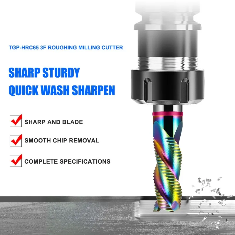 AZZKOR TGP-HRC65 DCL – Mehrfarbiger Hartmetall-Schlichtfräser mit 3 Schneiden für Aluminium, Wolframstahl, CNC-Schlichtfräswerkzeuge – Detail 3