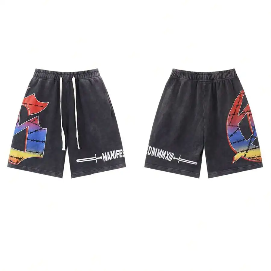

Vintage Washed Distressed Gothic Logo Graphic Sweat Shorts Oversized Heavyweight Cotton Streetwear