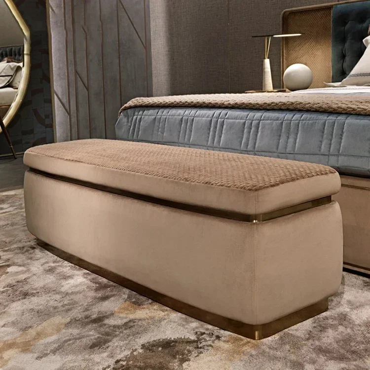 Modern sofa brown bed bedside stool bedroom bed footstool stainless steel base simple fabric bed end stool