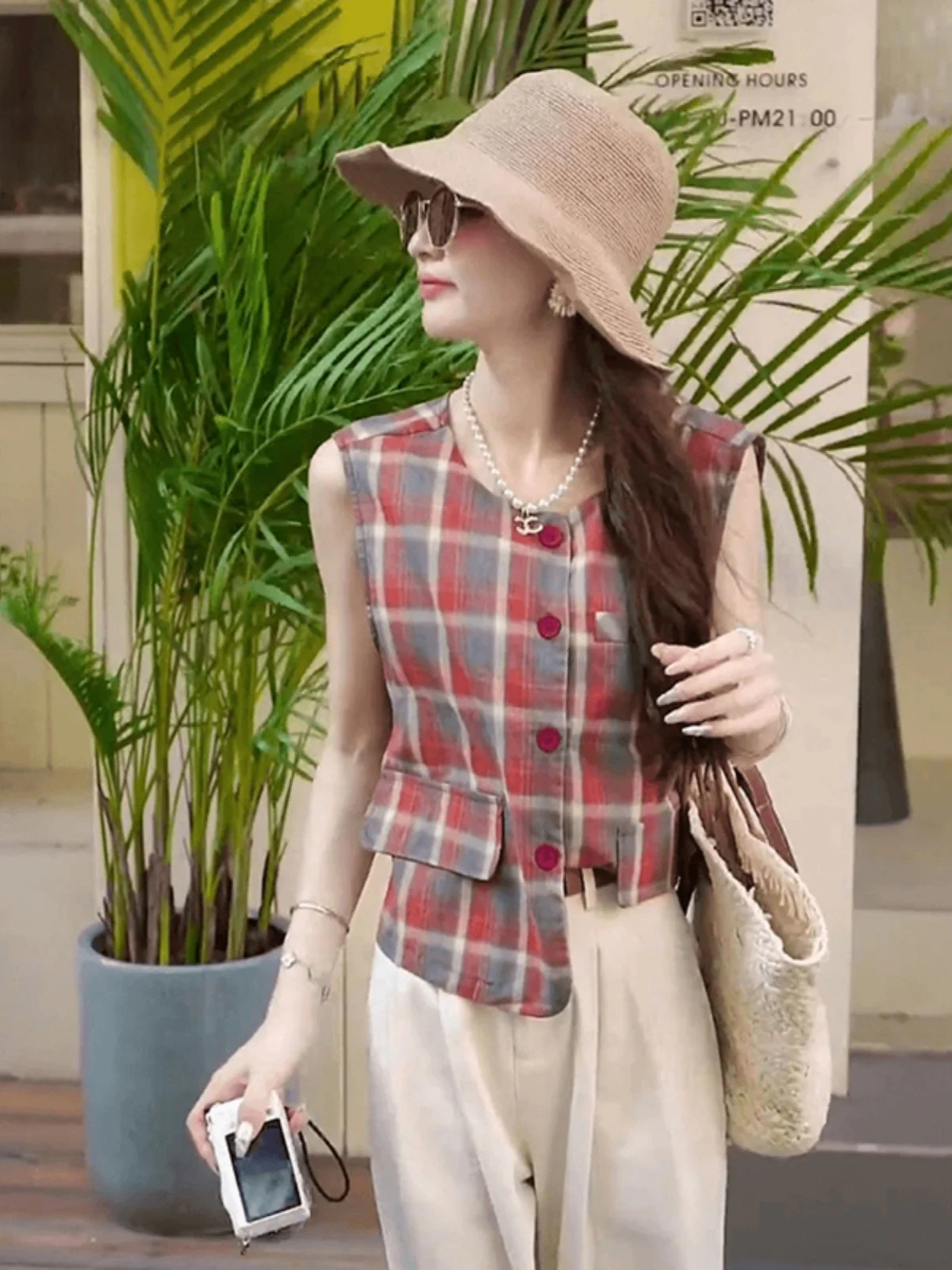 

Женский клетчатый жилет на одной пуговице, тонкий летний топ, маленький жакет, майка, топ для повседневной носки, с круглым вырезом