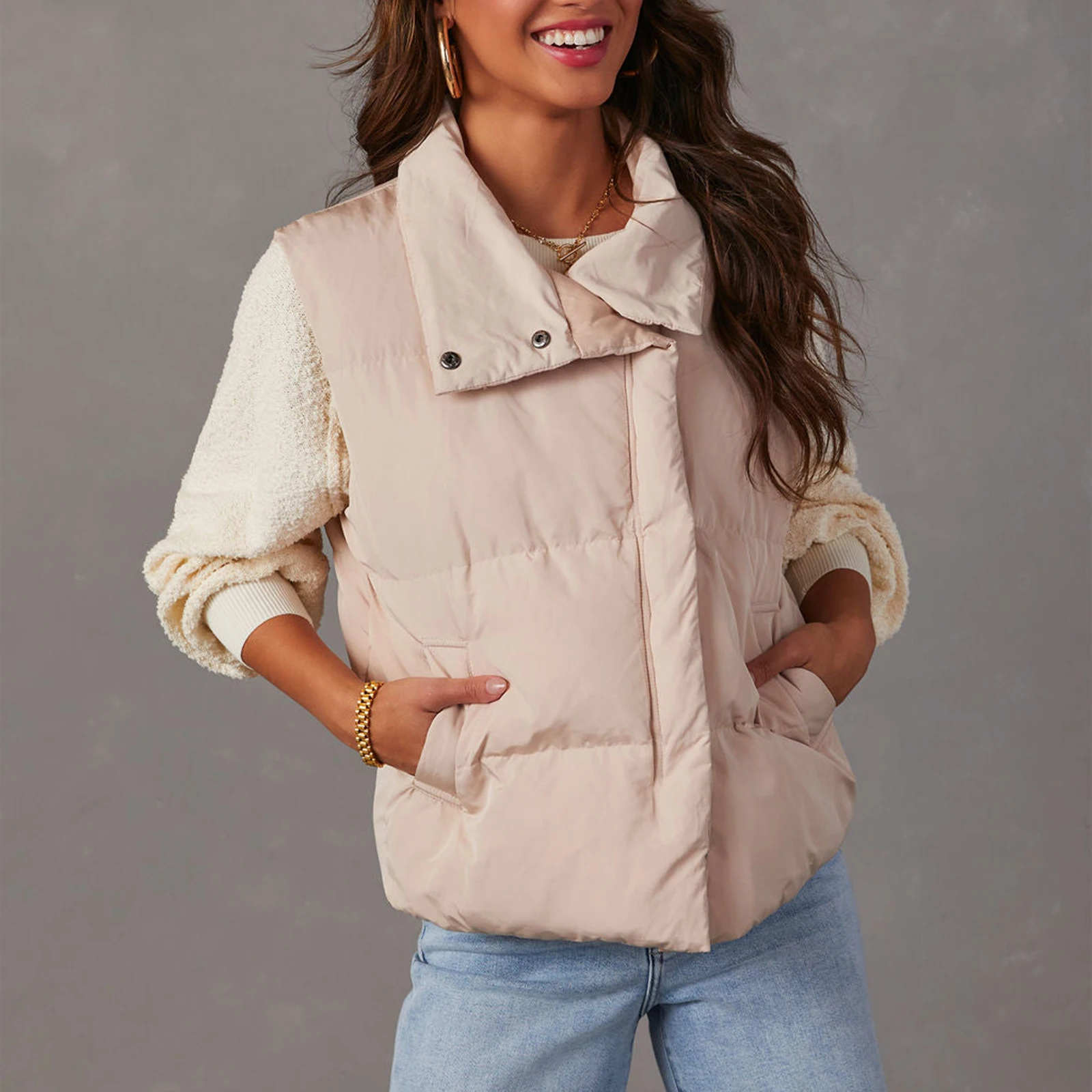 Dames Winter Gewatteerd Vest Casual Mouwloze Rits Opstaande Kraag Effen Kleur Crop Gilet Met Zakken Warme Outwear Winter