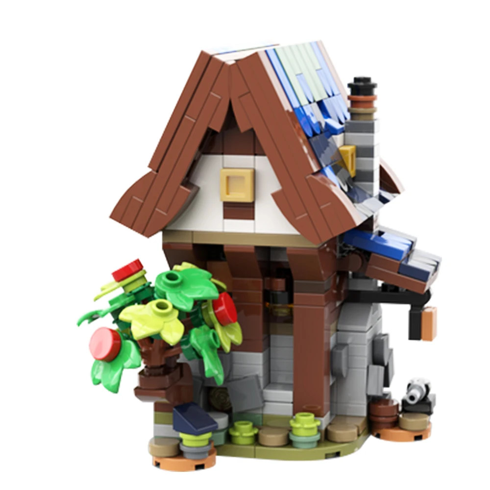 Gobricks MOC Mini 21325 Średniowieczny Sklep Kowalski Klocki Konstrukcyjne Domek na Drzewie w Starym Lesie Model Retro DIY Zabawka dla Dzieci Prezent