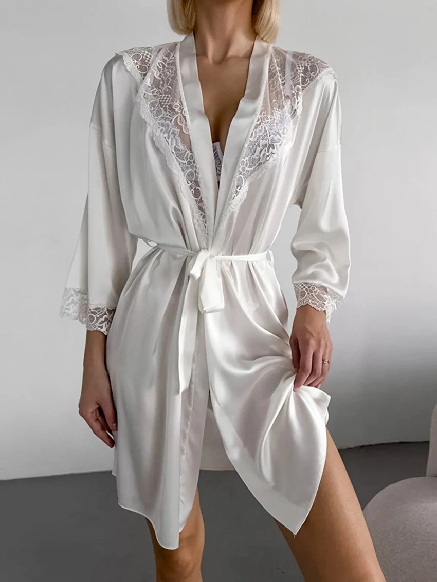 

Marthaqiqi Sexy Lace Female Nightwear Long Sleeve Robe Sexy V-Neck Nightgown Lace Up Pajama Mini Dress Casual Home Clothes Women