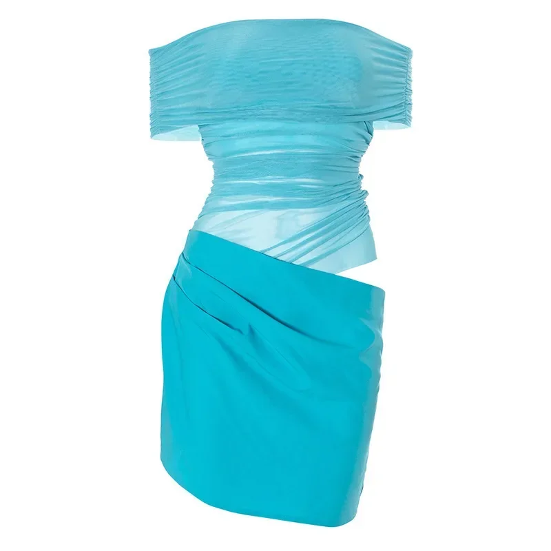 

Sexy One-Shoulder Mesh Splice Slim Fit Pleated Mini Dress Women's Summer New Arrival Cross-Border Short Dress Empire Waist