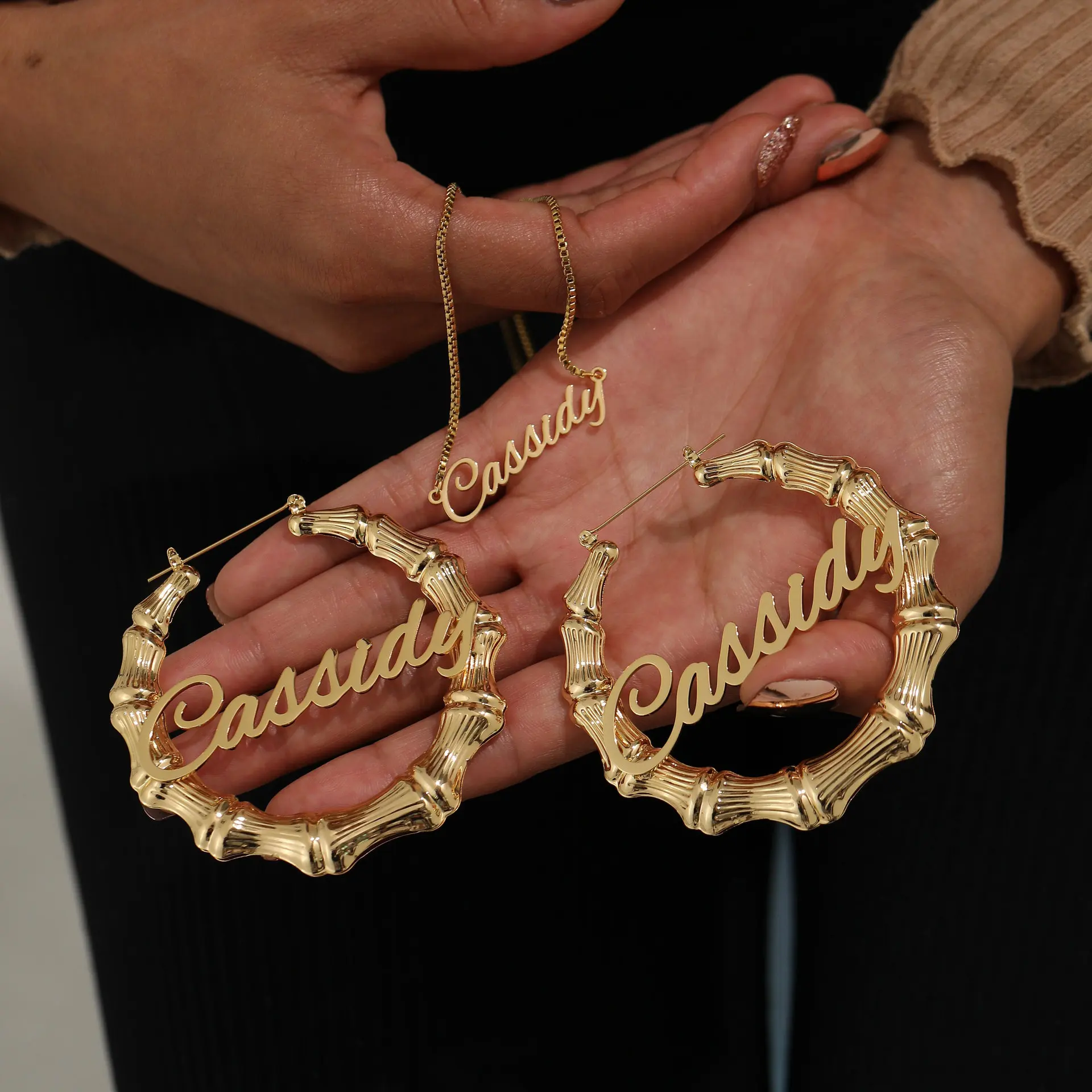 

Custmized Versatile round Big Bamboo Name Earrings Personalized Stainless steel Jewelry Set 18K Gold Plated for Women Xmas Gifts