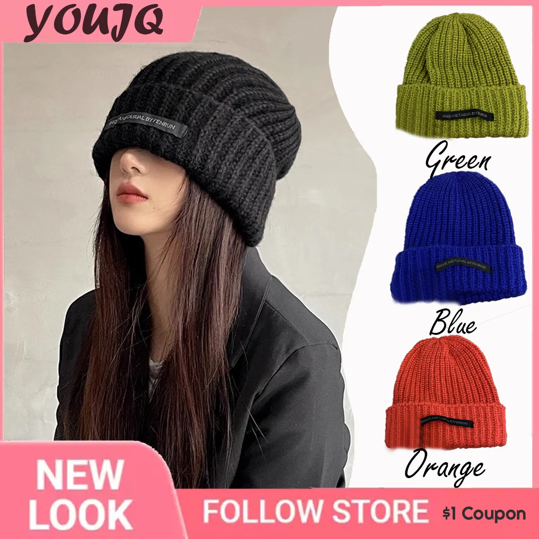 Korean Slouchy Oversize Patch Beanies Hats for Women Girl Coarse Wool Knitted Hat Winter Warm Earmuffs Cap Crochet Bonnet Gorras