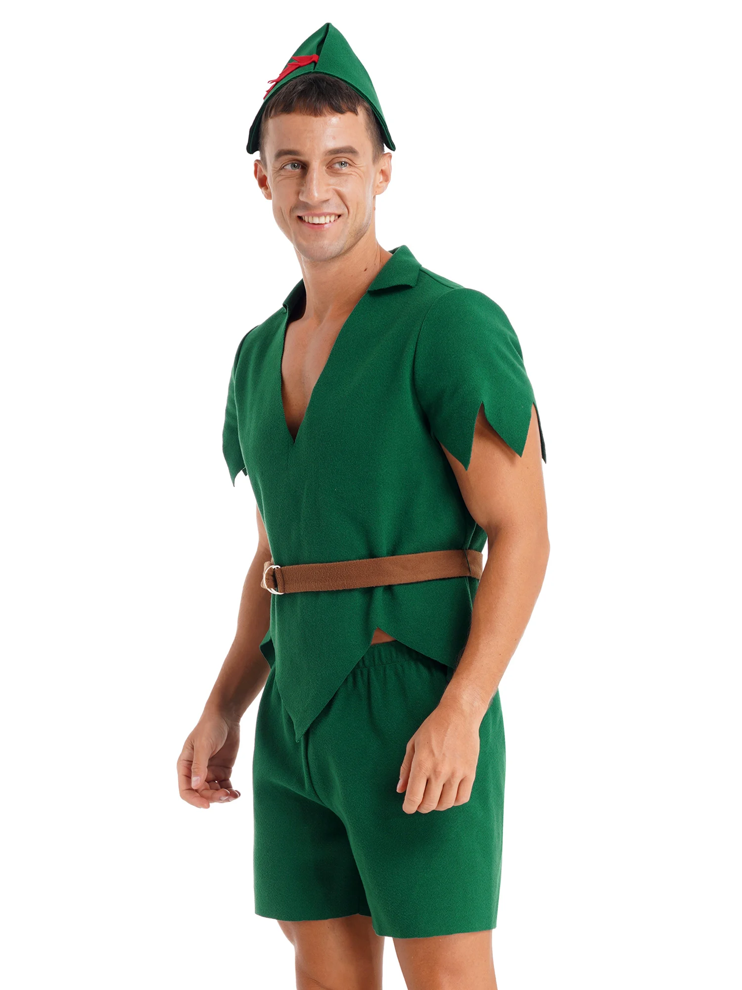 Mens Christmas Elf Costume Halloween Carnival Party 4Pcs Cospaly Outfit Short Sleeve Felt Shirts Tops with Shorts Pants Belt Hat