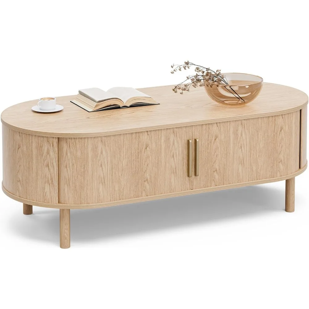 طاولة قهوة لغرفة المعيشة، طاولة قهوة بيضاوية حديثة مع خزائن وأبواب منزلقة، مساحة صغيرة للمنزل، 29.9 طاولة مركزية مخددة