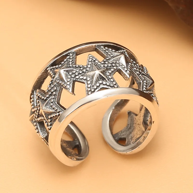 Korean cut out star five-pointed star ring women's index finger s925 sterling silver thai silver retrostylish jewelry