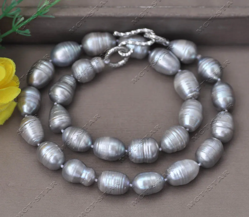 MTC·STAR  Z13602 Big 18'' 17mm Gray Rice Freshwater Pearl Necklace Custom Jewelry