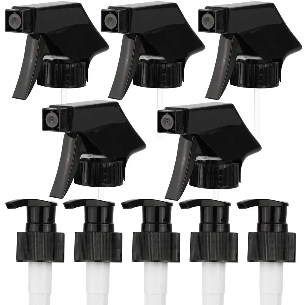 5Pcs Black Dispenser Pump and 5Pcs Trigger Sprayer Replacement Nozzle Tops with Mist Stream and OFF Modes Spray Nozzles