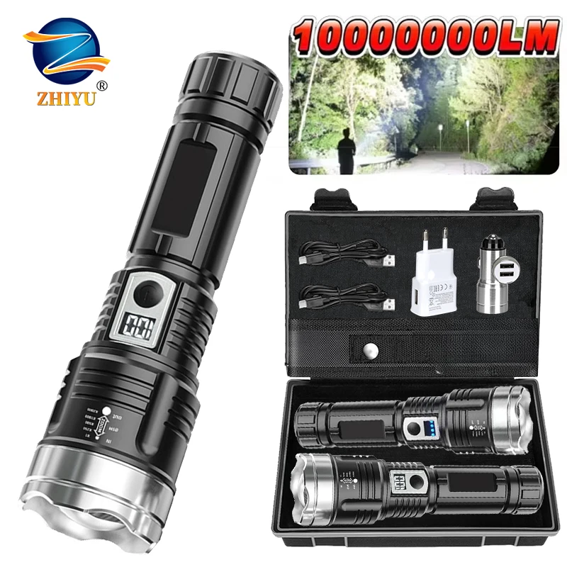 مصباح يدوي فائق السطوع شاشة ديجيتال بطارية مدمجة قابلة لإعادة الشحن LED مصباح شعلة خارجي عالي الطاقة لفانوس التخييم ﻿