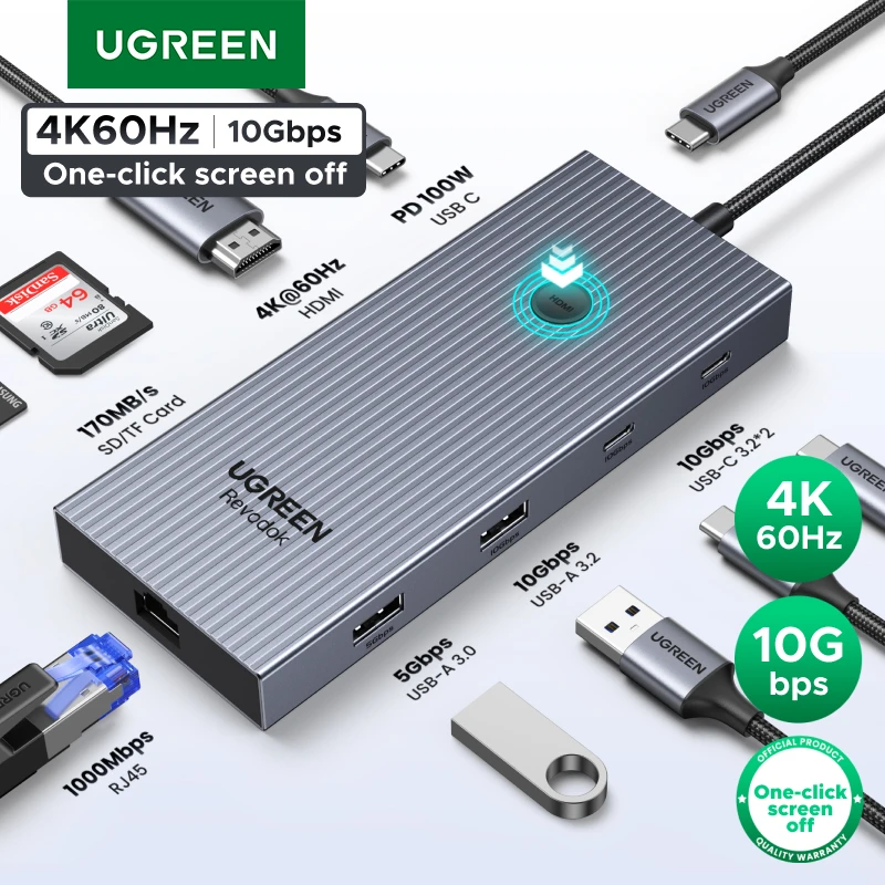 

UGREEN 9-в-1 USB-концентратор, экран от USB-C до 4K60Hz HDMI RJ45 SD/TF, 10 Гбит/с, USB3.2, разветвитель для MacBook, ноутбука, док-станции Dell