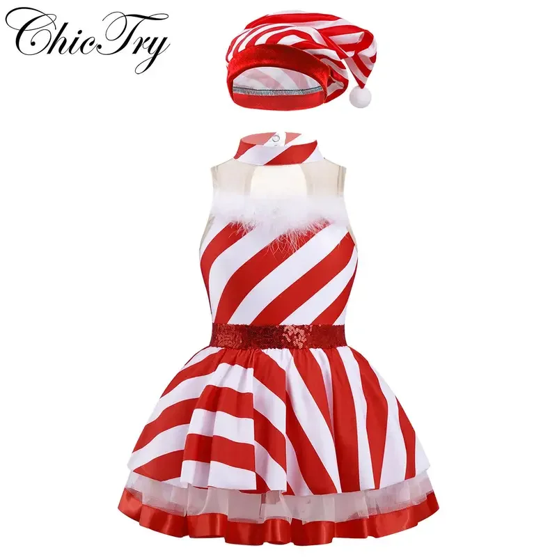 Kids Girls Christmas Elf Costume Sequins Striped Tutu Dance Dress Figure Skating Dress with Santa Hat Party Candy Cane Cosplay