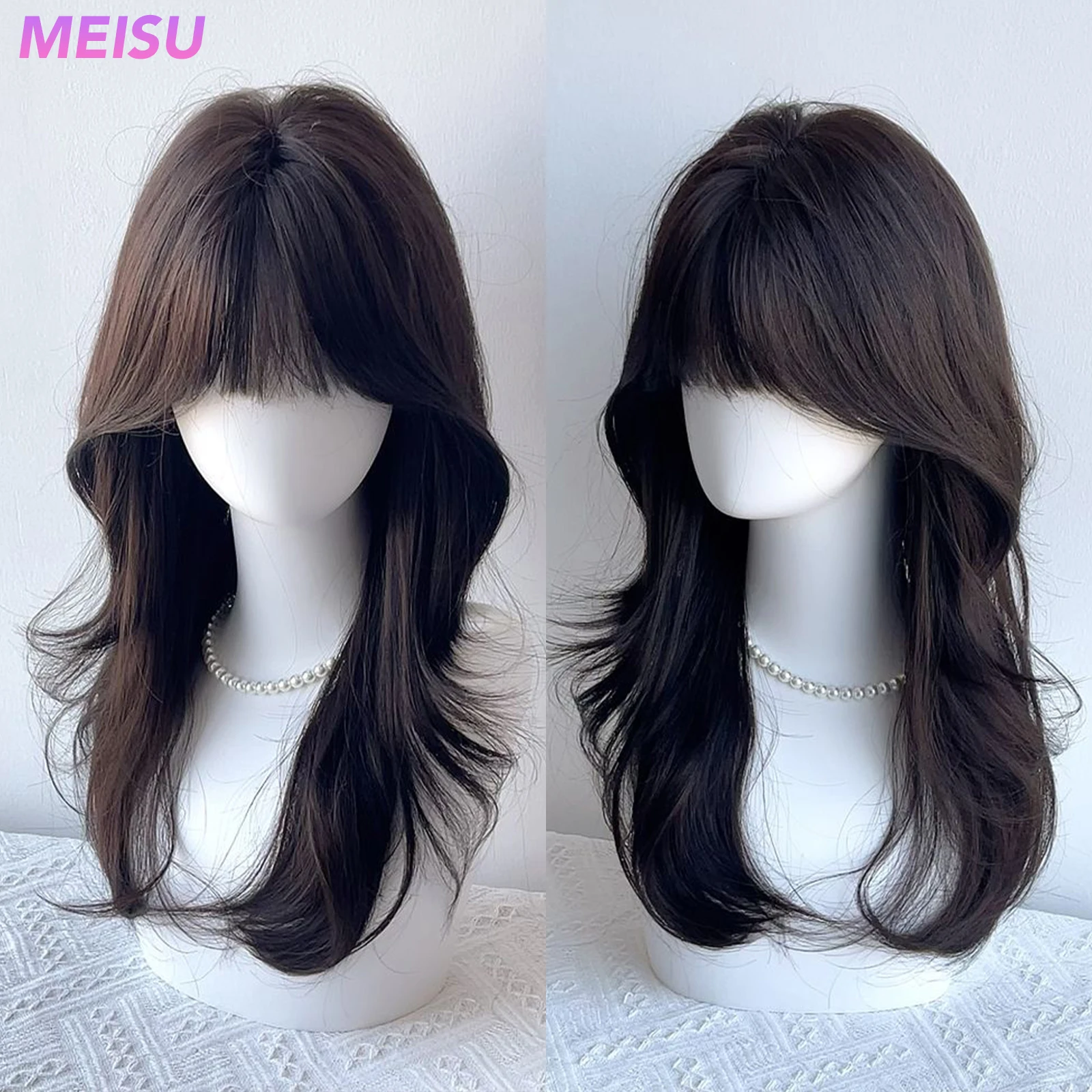 MEISU 20 بوصة الشاي الأسود مجعد شعر مستعار اصطناعي مقاومة للحرارة الطبيعية السلس الشعر أنيق شعر مستعار للحفلات للنساء