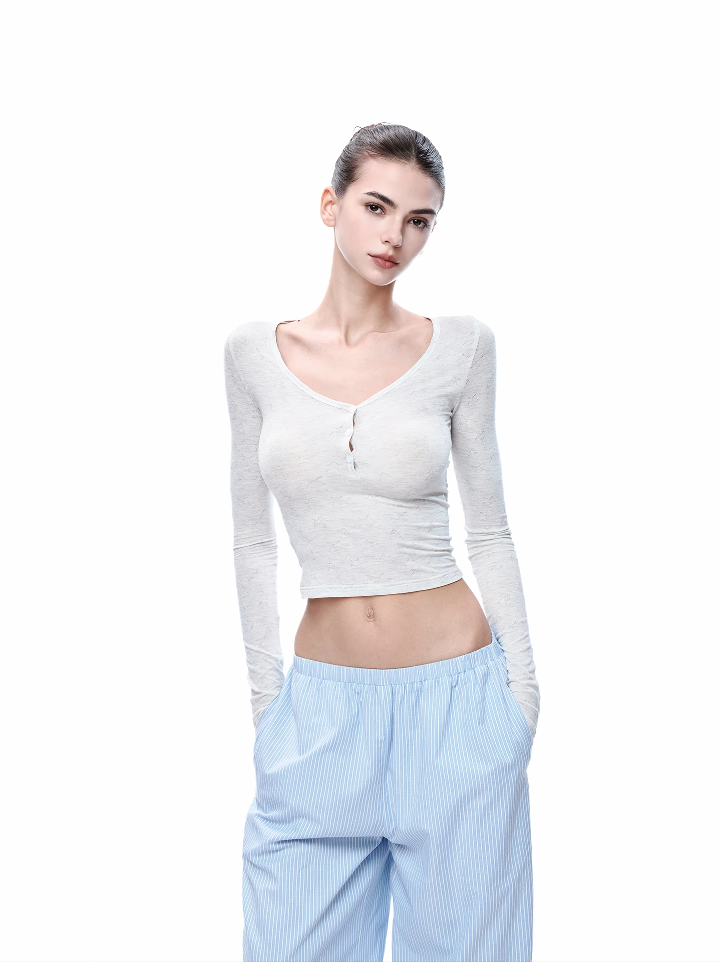 

JLAUNT ey Long Sve Women's T-irt V-ne Slim Fit Base Layer irt American Hot Girl Top for Autumn Winter
