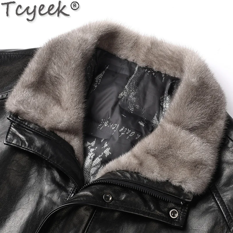 Tcyeek Goatskin Genuine Leather Jacket Men Mink Fur Collar Autumn Winter Mens Clothes 90% White Duck Down Coat Jaqueta Couro