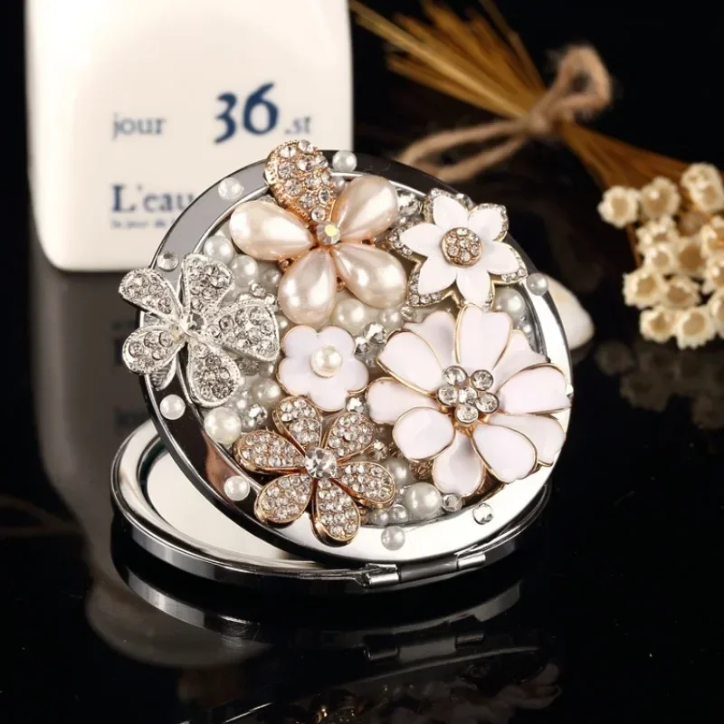 Mini Pocket Cosmetic Makeup Mirror Pearl Crystal Flower Foldable Magnifying Compact Mirror Party Favors Christmas Gift