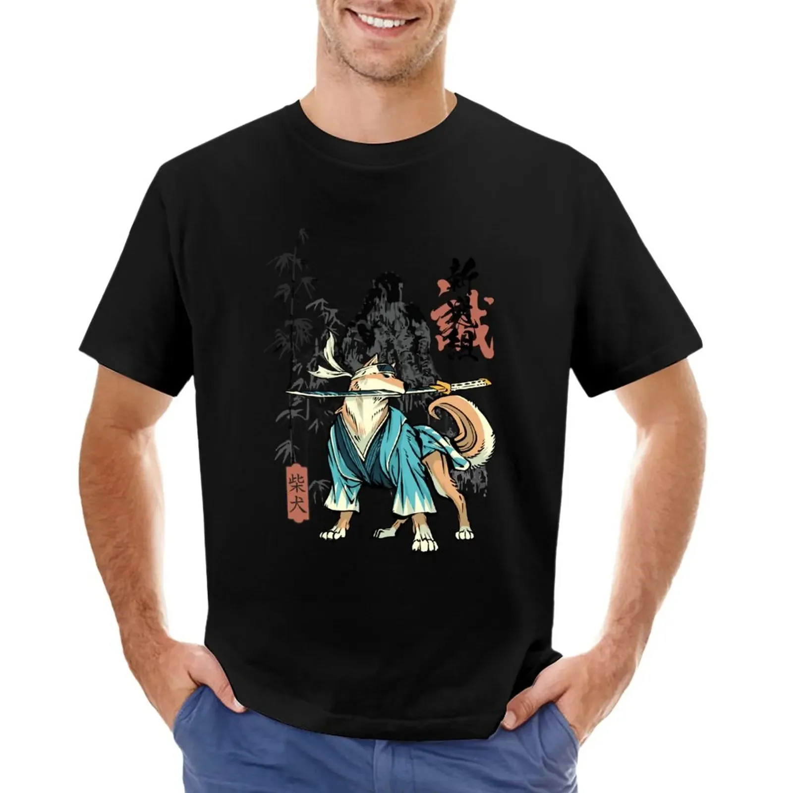 Japanese art - samurai dog shinsengumi shiba inu sumi e style T-Shirt summer top Men's t shirts