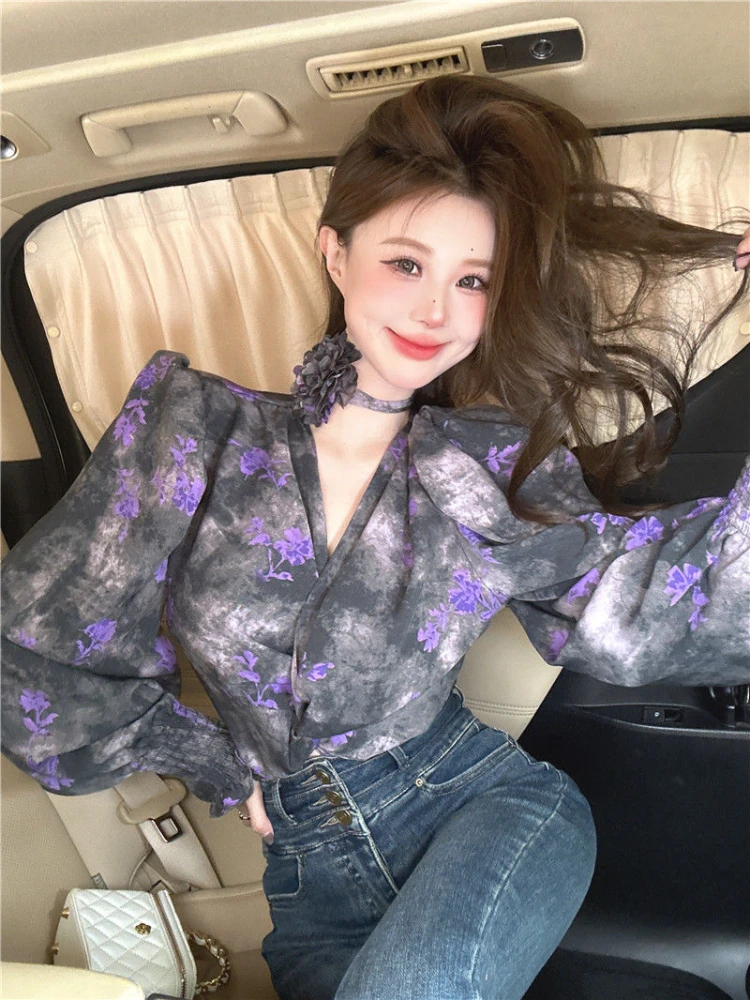 Design Vintage Blouses V Neck Puff Sleeve Flower Print Irregular Spring Summer Crop Tops All Match Aesthetics Women\'s Clothing