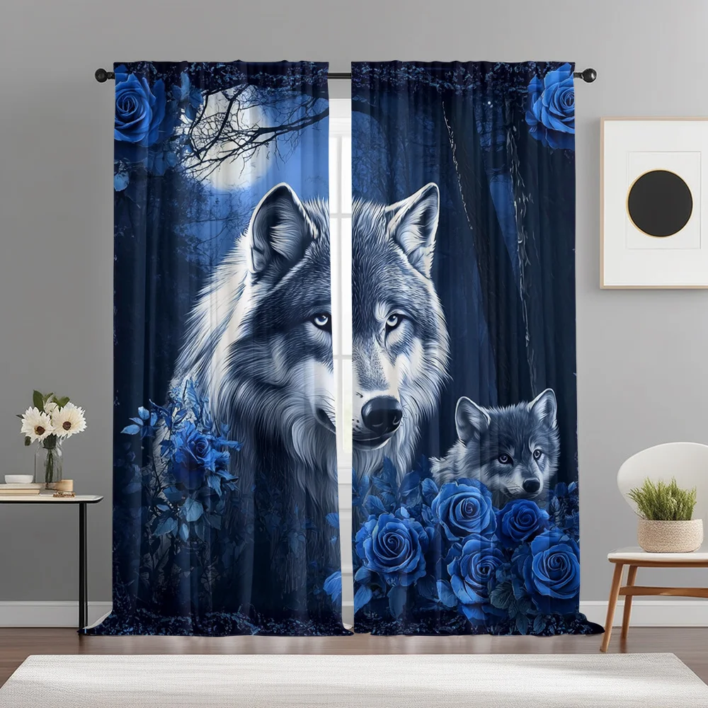 Gothic Blue Wolf and Rose Floral Curtain Panel Romantic Animal Window Drapes for Living Room Bedroom Home Decoration