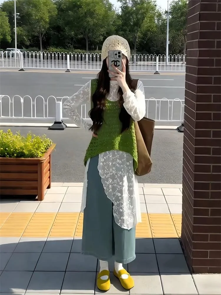 

2026 New Hollow out Lace Vest Long Sleeve Women's Dress Set Korean Style Commute Fashion Mid-Length round Neck Micro-Elastic