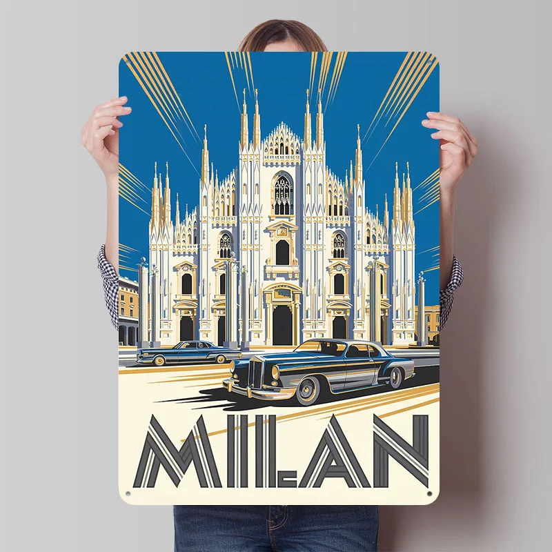 Milan Travel With Classic Cars Poster Customized Vintage Metal Signs Wall Art Retro Tin Plaque for Garage Decoration Gaming Home