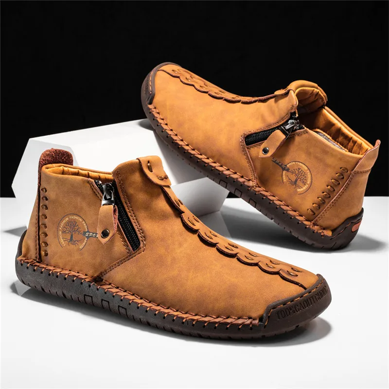

Yellow Retro Leather Casual Shoes For Men Women Big Size 36-48 Spring Zip Design Men's Ankle Boots Handmade Comfy Moccasins Man