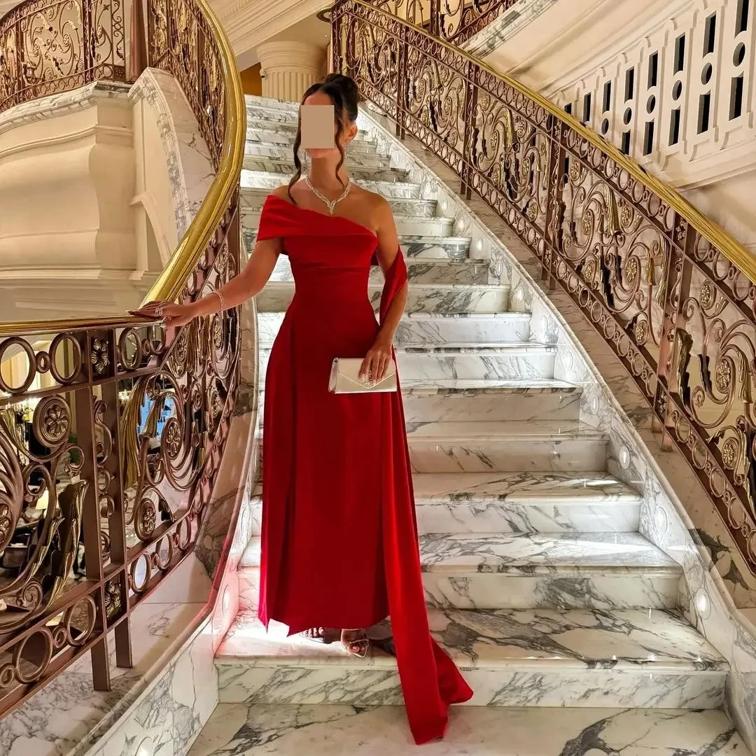 Evening Dress Elegant A-Line Red Long Prom Dress Pleated Off The Shoulder High Side Slit Party Dress Gowns Saudi Arabia