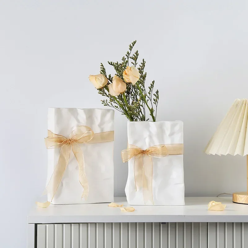 Ceramic Paper Bag Vase Home Design Aesthetic Fresh Flower Nordic Pampas Grass Desktop Living Room