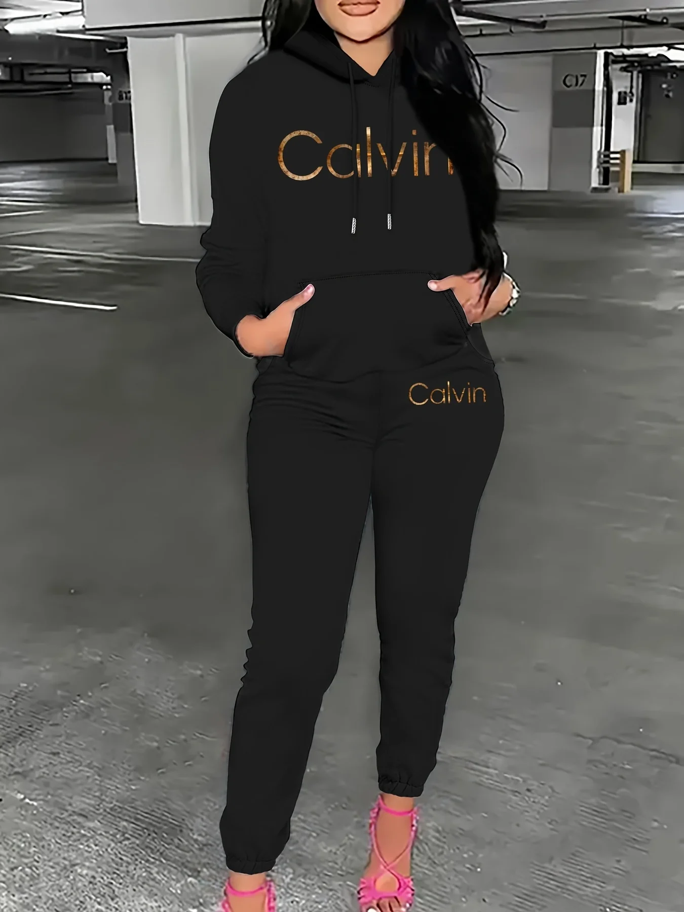 Women Fashion Hoodie & Long Pants 2‑Piece Outfit, Printed Design Two‑Piece Set, Ladies Autumn Winter Hooded Tracksuit