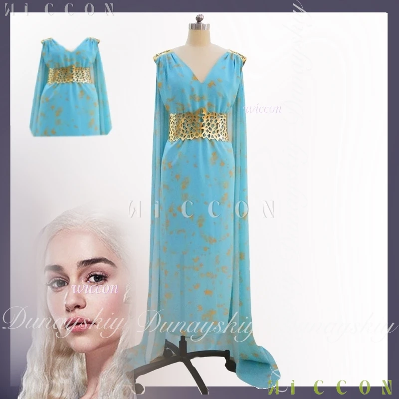 

Кровь и драконы GoT Movie Dargon Mother Daenery Targaryenn со светло-золотым париком и синим длинным платьем Косплей Костюм Все костюмы