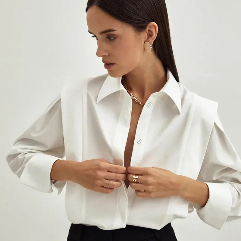 Slim Fit White Female Long Sleeve Shirt Fashion Simple Design Top Women Versatile Casual Shirt Fall Winter Outerwear Trendy Top