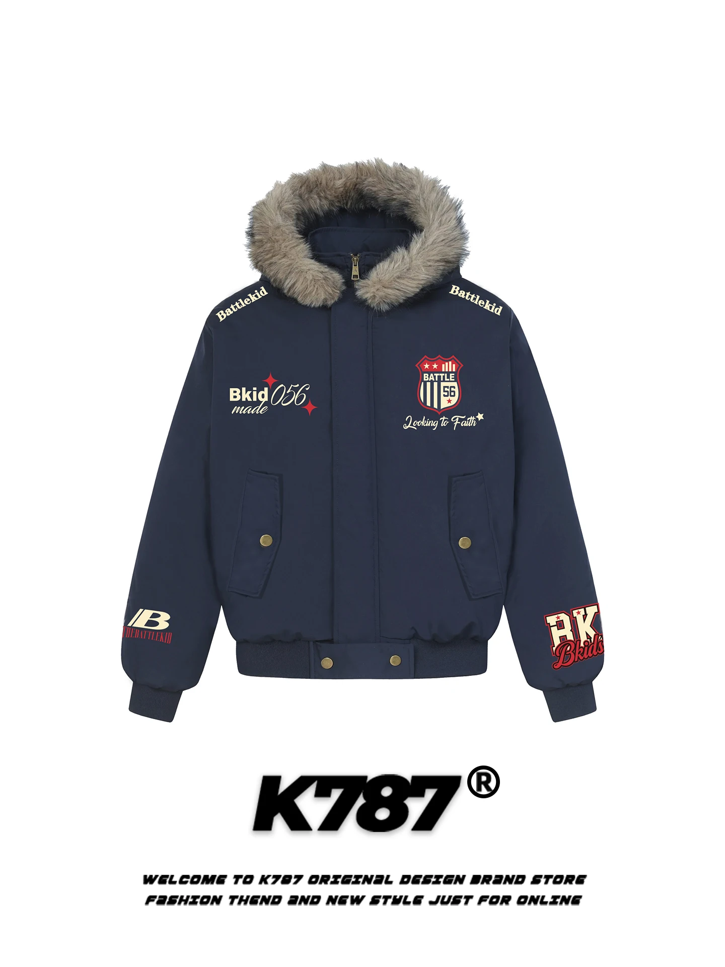 

K787 American Sle Street Bae Embroidery Thiened Cotton Jaet with Fur Collar for Couples Warm Winter Coat for Youth