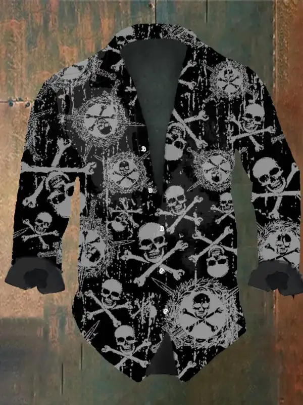 2024 Halloween uomo Retro Dark Skull Prints camicia a maniche lunghe-Skull Prints top neri Regular Fit, colletto con risvolto, misto poliestere