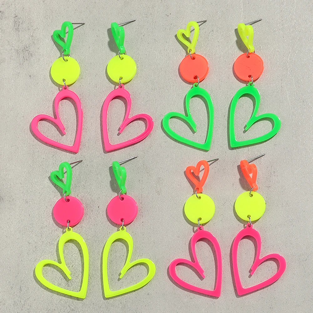 New Hollow Heart-Shaped Acrylic Long Earrings Women Sweet Fluorescent Colorful Love Round Drop Earring Fashion Jewelry Gifts