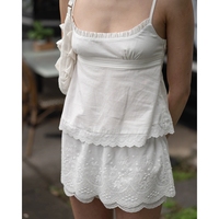 Combhasaki Women Summer Ruffle Trim Scoop Neck Adjustable Spaghetti Strap Camisole Backless Flower Embroidery Hem Babydoll Shirt