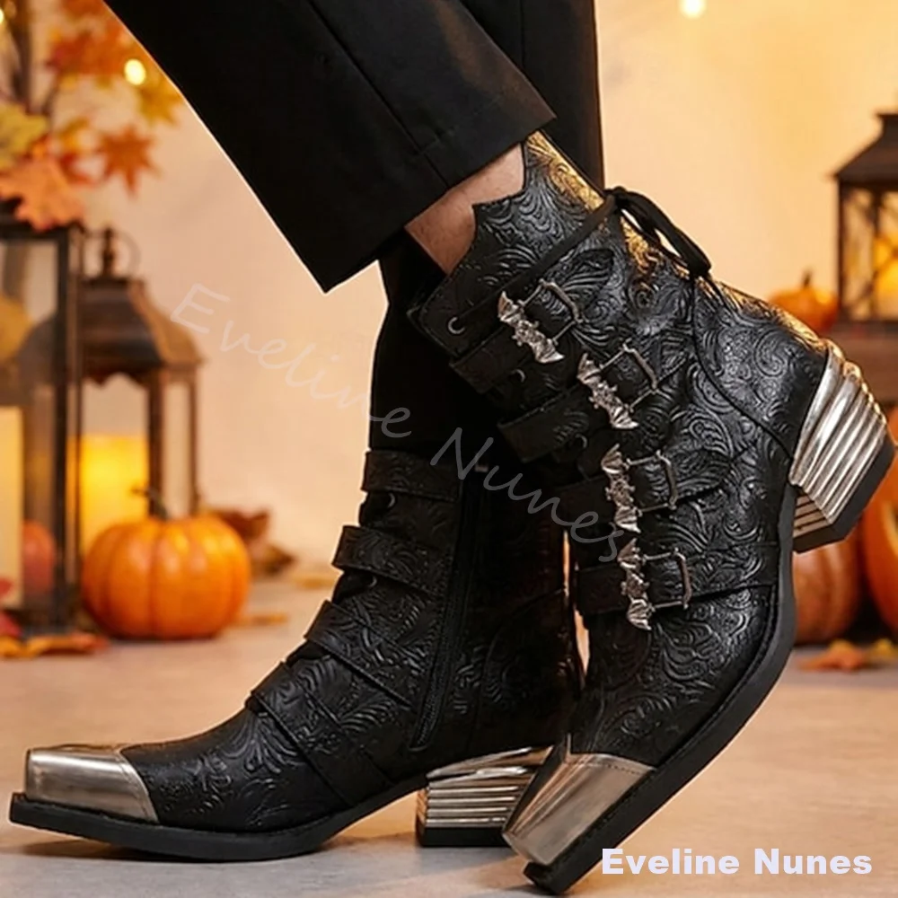Gothic Embossed Black Ankle Boots Men Metal Square Toe Multi Skull Buckle Straps Block Heel Punk Rock Cosplay Mid Ankle Boots
