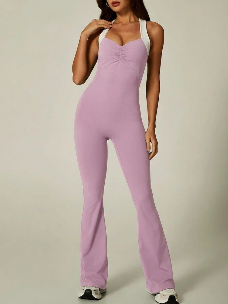 Elegant Halter Backless Yoga Jumpsuits for Woman Sleeveless Contrast Color Sports Overalls Female Gym Sports One Piece Tracksuit