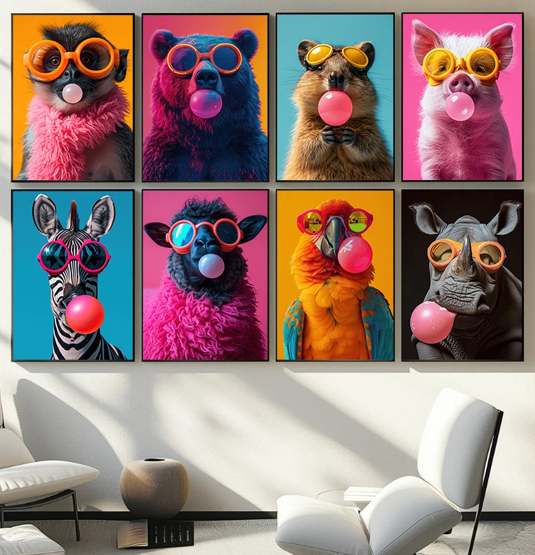 Bunte Tiere Rosa Kaugummi Leinwanddruck Poster Niedliche Tiere Cartoon Wandkunst Malerei Modernes Zuhause Babykimmer Kinderzimmer Dekor