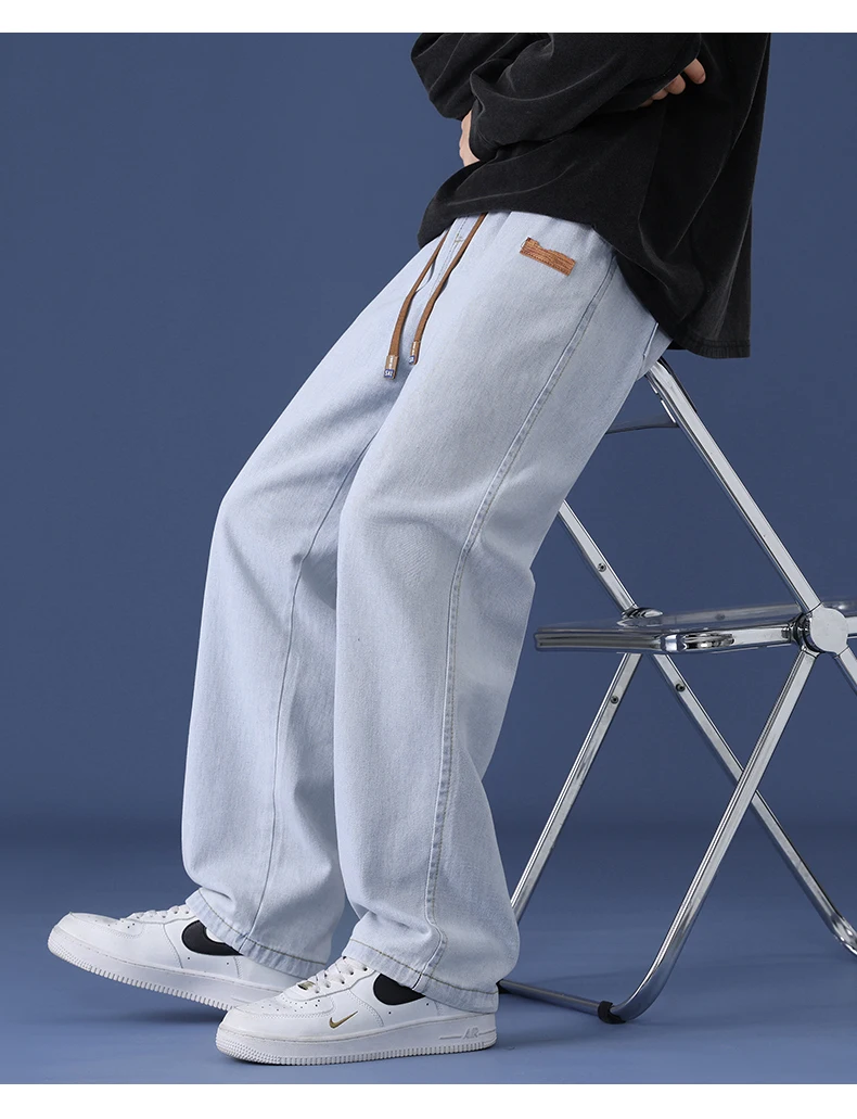 Spring and Autumn Men's Jeans Vintage Washed Loose and Versatile Straight leg Pants Fashion Printed Drawstring Street Men's Wear