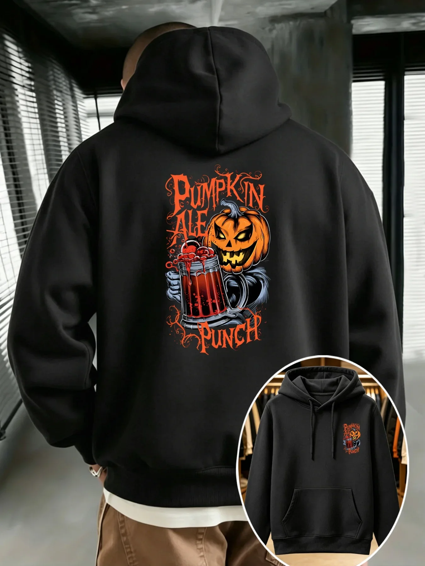 Halloween Pumpkin Men Hoodie Pumpkin Ale Beer Front & Back Graphic Autumn Winter Fleece Lined Casual Loose Hooded Sweatshirt
