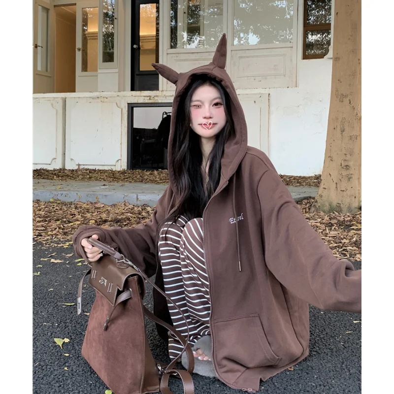 Brown Jacket Sweatshirt Women Vintage Coat Long Sleeve Streetwear Korean Fashion Casual Y2K Style Winter Female Hooded Tops