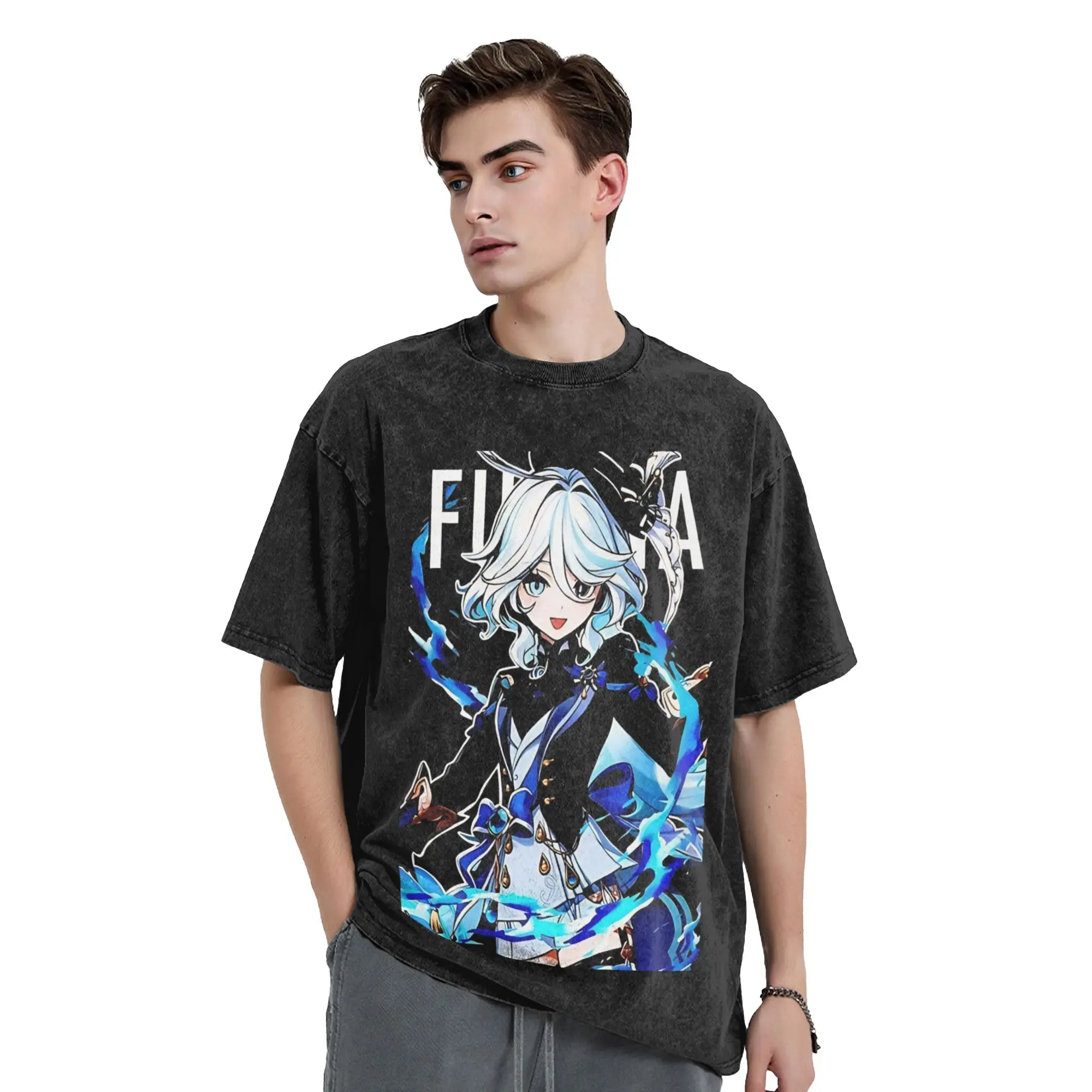 Furina Washed T Shirts Streetwear Hip Hop Vintage T-Shirt Genshin Impact Game Tees Men Women Cotton Oversize Printed