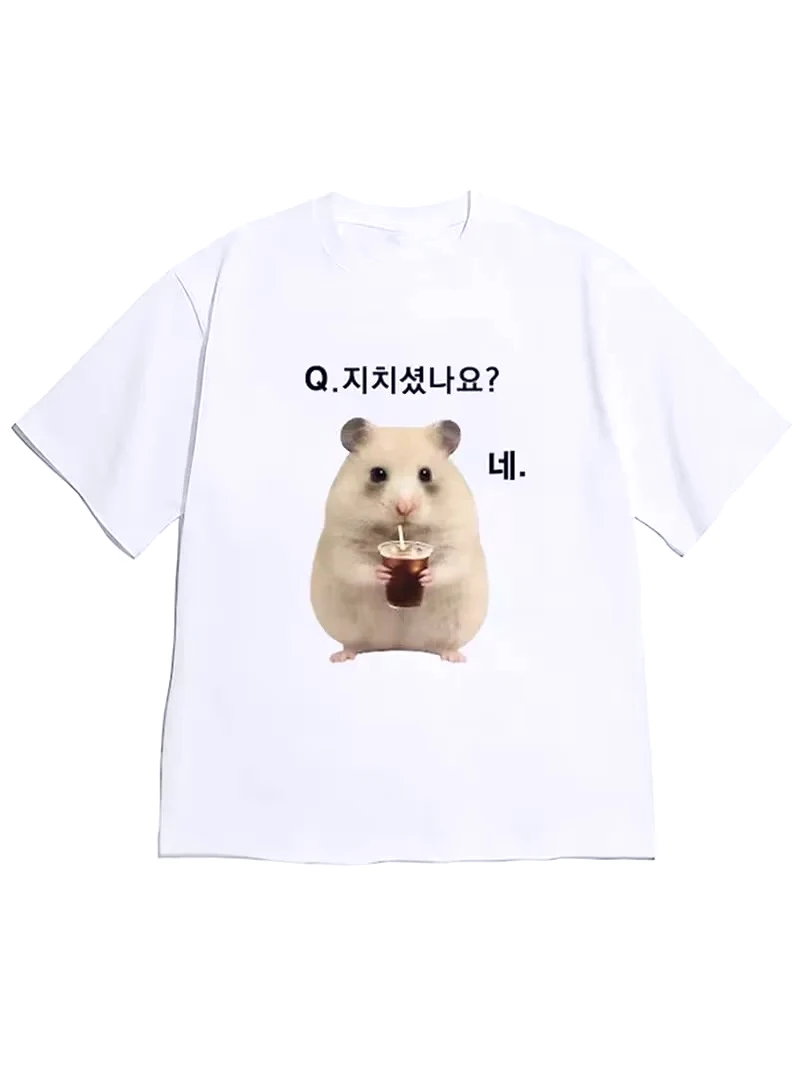 Camiseta feminina de drama coreano Q. Você também sentiu isso? Camiseta casual vintage com estampa de hamster, manga curta, para o verão, roupas Y2k