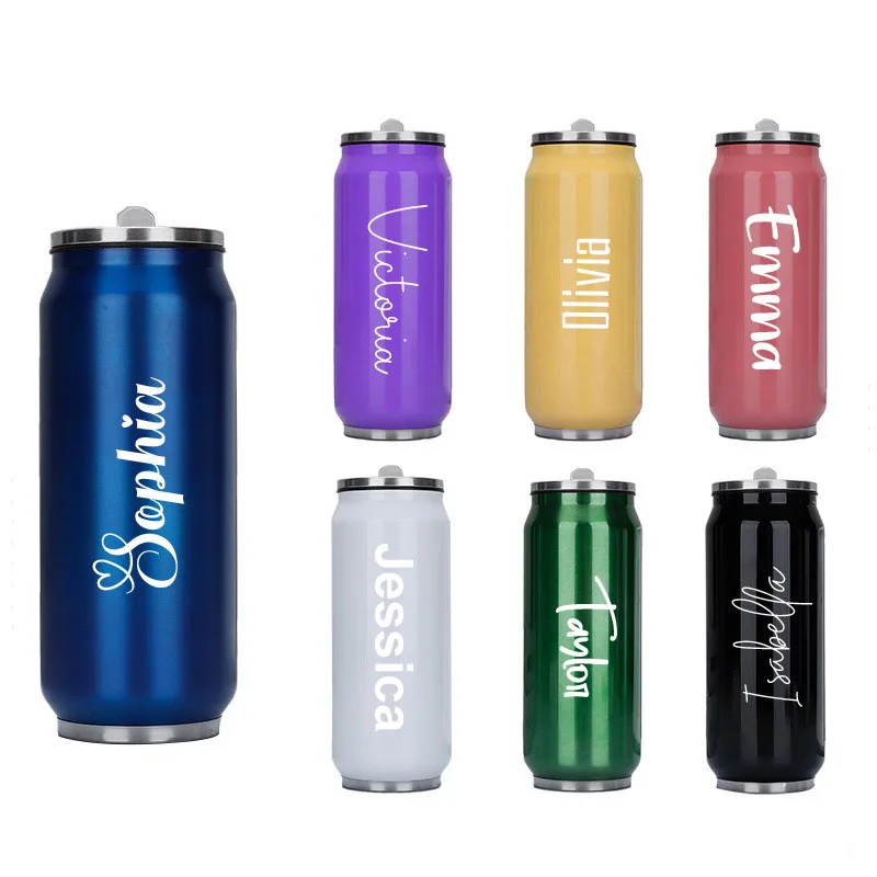 Termo con nombre personalizado, taza de agua, frascos de vacío para coche de viaje, taza de bebida, taza de paja de doble capa, lata de Soda, tazas termo